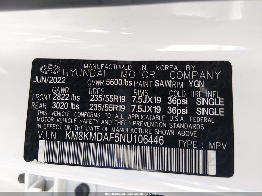 2022 Hyundai Ioniq 5 Se VIN: KM8KMDAF5NU106446 Lot: 45404383