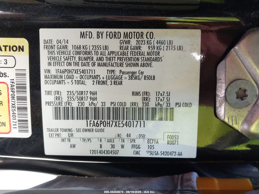 2014 FORD FUSION SEDAN 2.5L I-4 DOHC, VVT, 175HP
