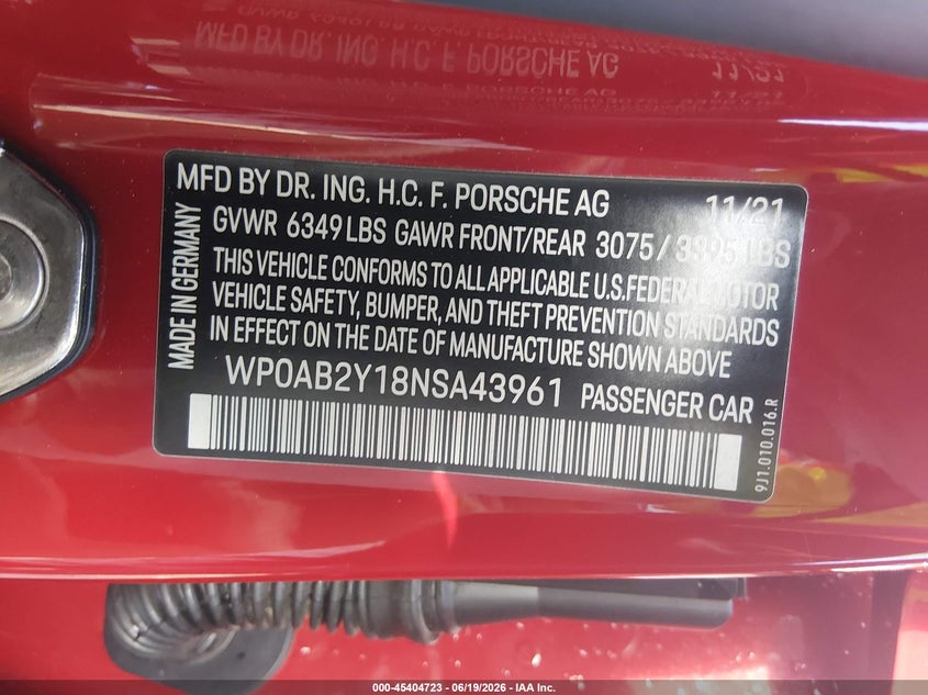 2022 Porsche Taycan 4S VIN: WP0AB2Y18NSA43961 Lot: 45404723