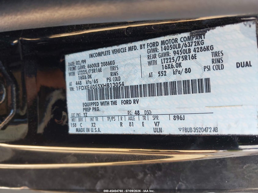 1999 Ford Econoline E450 Super Duty Cutwy Rv VIN: 1FDXE40S5XHB13054 Lot: 45404760