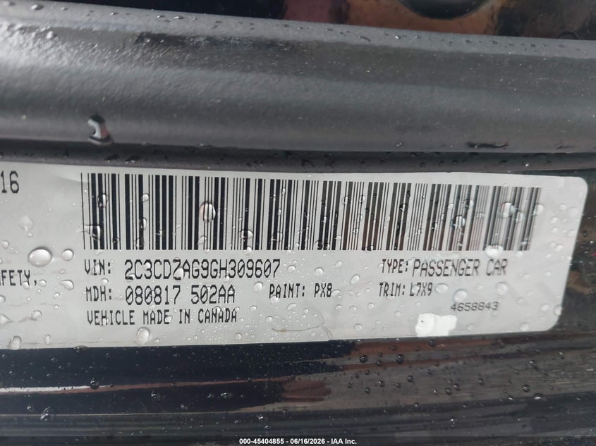 DODGE CHALLENGER 2016 VIN 2C3CDZAG9GH309607
