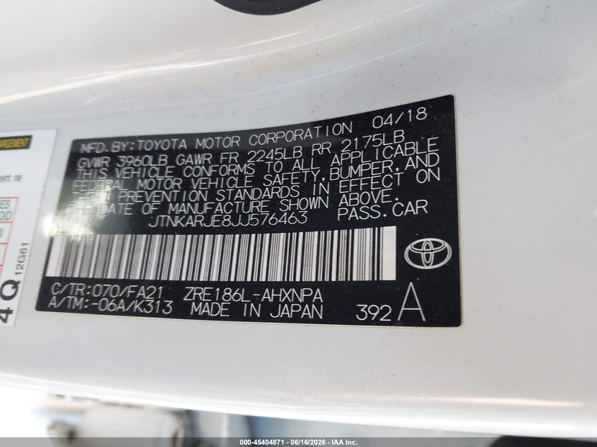 2018 TOYOTA COROLLA HATCHBACK 1.8L I-4 DOHC, VVT, 137HP