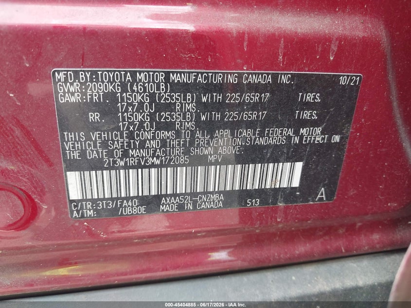 VIN 2T3W1RFV3MW172085 2021 TOYOTA RAV4 XLE