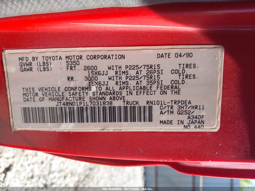 TOYOTA PICKUP 1990 VIN JT4RN01P1L7031838