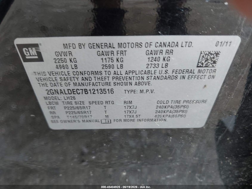 CHEVROLET EQUINOX 2011 VIN 2GNALDEC7B1213516