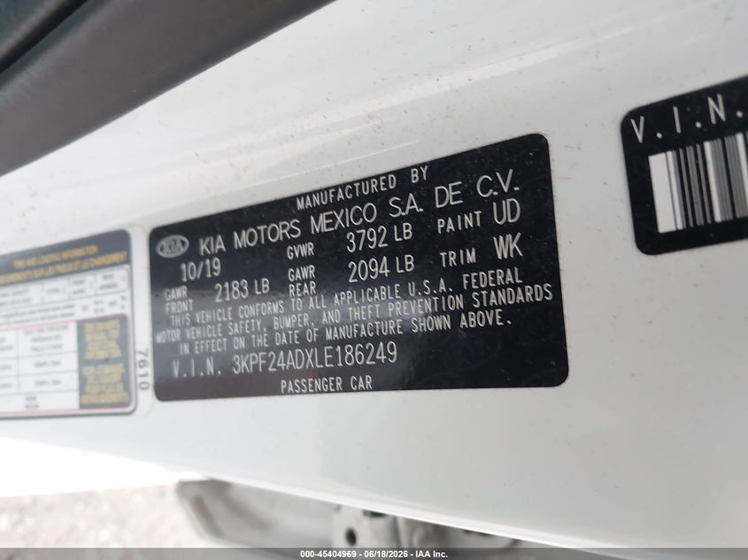 KIA FORTE 2020 VIN 3KPF24ADXLE186249