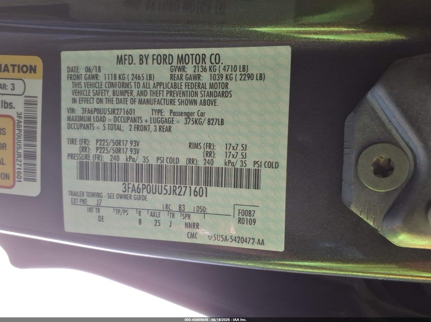 2018 FORD FUSION SEDAN 2.0L I-4 DOHC, VVT, 141HP