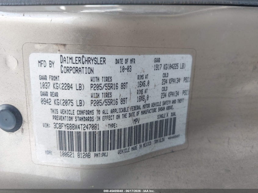 2004 Chrysler Pt Cruiser Limited VIN: 3C8FY688X4T247081 Lot: 45405048