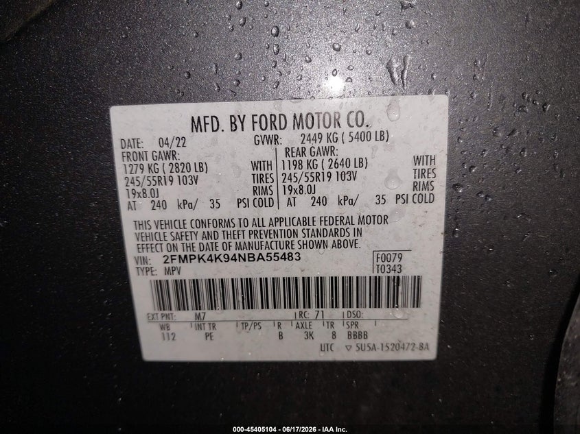 FORD EDGE 2022 VIN 2FMPK4K94NBA55483