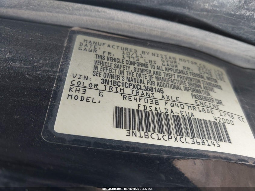 2012 Nissan Versa 1.8 S VIN: 3N1BC1CPXCL368145 Lot: 45405105
