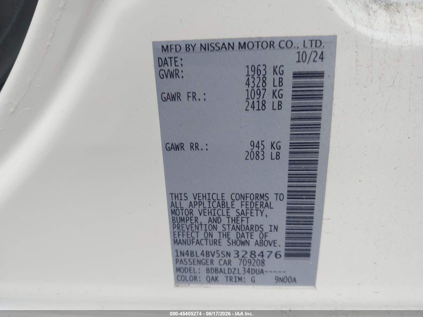VIN 1N4BL4BV5SN328476 2025 NISSAN ALTIMA S FWD
