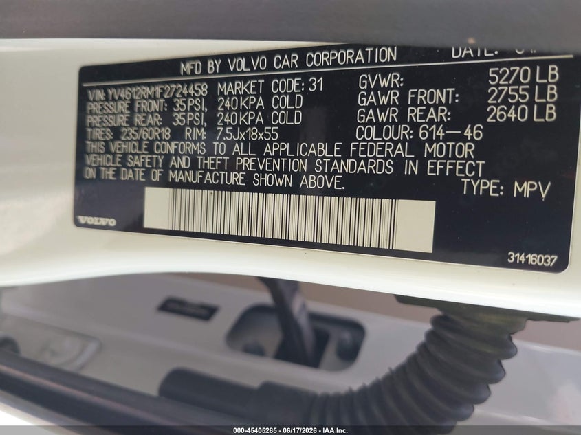 2015 Volvo Xc60 T5 Platinum VIN: YV4612RM1F2724458 Lot: 45405285