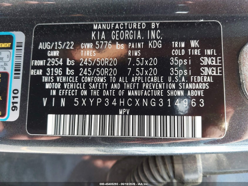 2022 Kia Telluride Ex VIN: 5XYP34HCXNG314963 Lot: 45405293