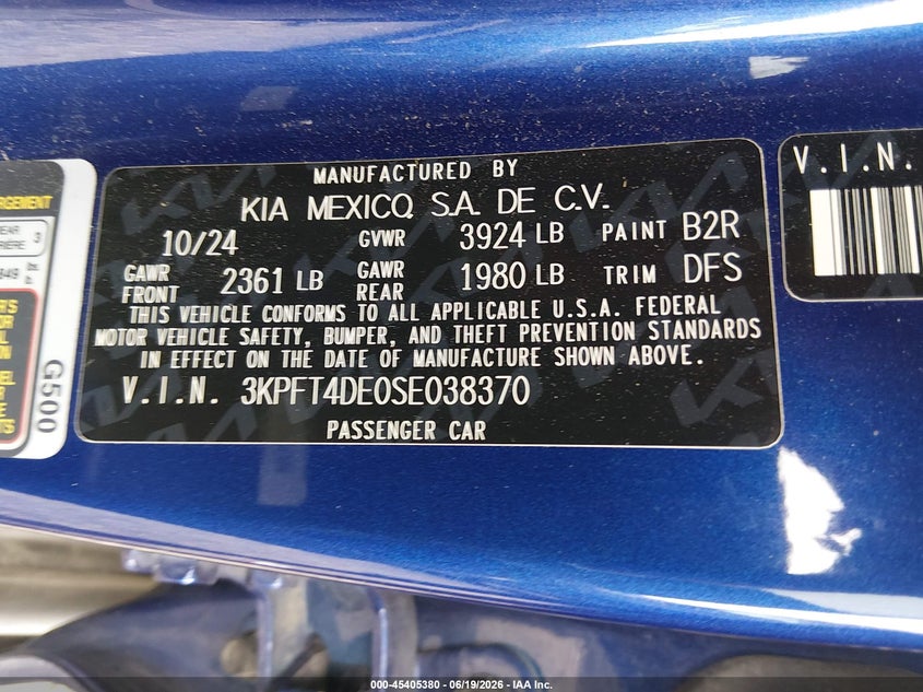 2025 Kia K4 Lxs VIN: 3KPFT4DE0SE038370 Lot: 45405380