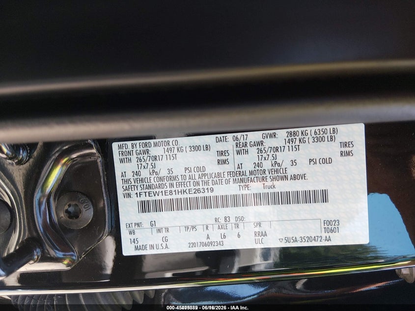 2017 Ford F-150 Xl VIN: 1FTEW1E81HKE26319 Lot: 45405389