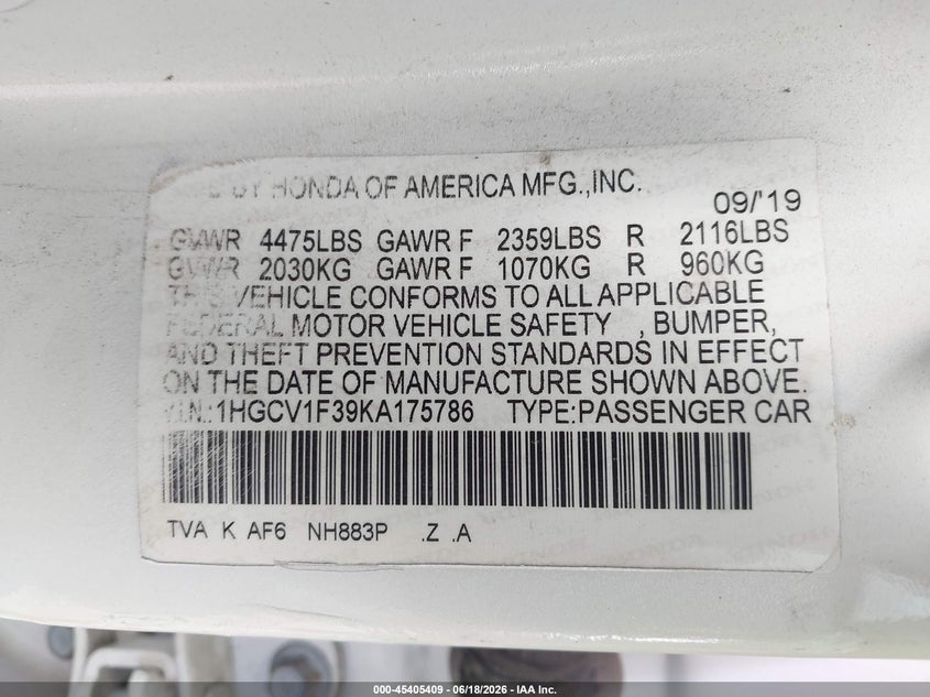 VIN 1HGCV1F39KA175786 2019 HONDA ACCORD SPORT