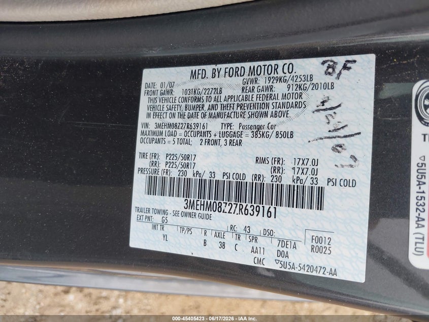 2007 Mercury Milan Premier VIN: 3MEHM08Z27R639161 Lot: 45405423