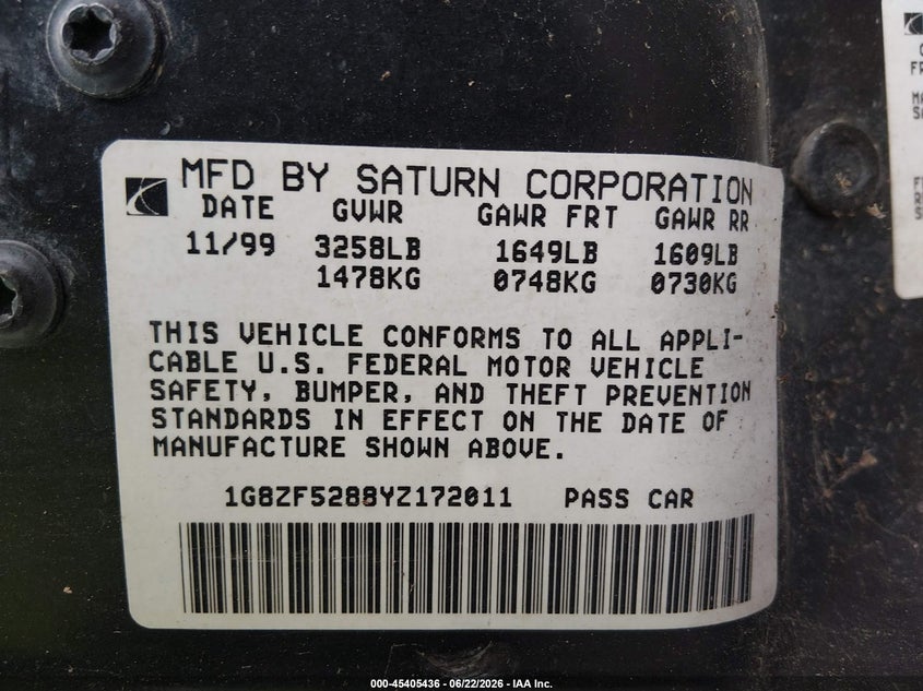 2000 Saturn Sl VIN: 1G8ZF5288YZ172011 Lot: 45405436