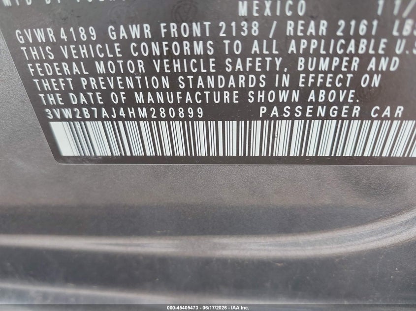 2017 VOLKSWAGEN JETTA SEDAN 1.4L I-4 DI, DOHC, VVT, TURBO, 150HP