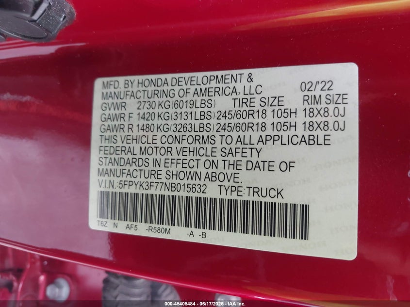 2022 Honda Ridgeline Rtl-E VIN: 5FPYK3F77NB015632 Lot: 45405484