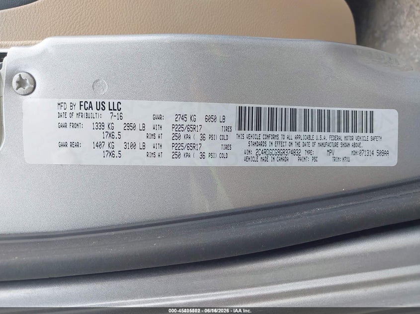 2016 Dodge Grand Caravan Sxt VIN: 2C4RDGCG9GR374832 Lot: 45405502