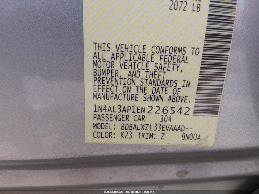 2014 NISSAN ALTIMA SEDAN 2.5L I-4 DOHC, VVT, 182HP