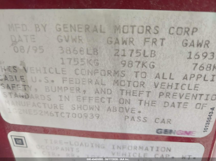 1996 Pontiac Grand Am Se VIN: 1G2NE52M6TC700939 Lot: 45405595