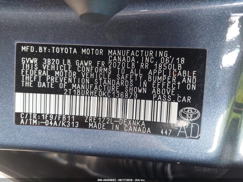 VIN 2T1BURHE0KC136879 2019 TOYOTA COROLLA LE