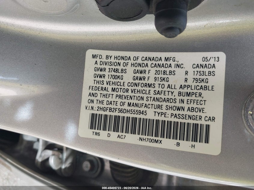 2013 HONDA CIVIC SEDAN 1.8L I-4 VVT, 140HP