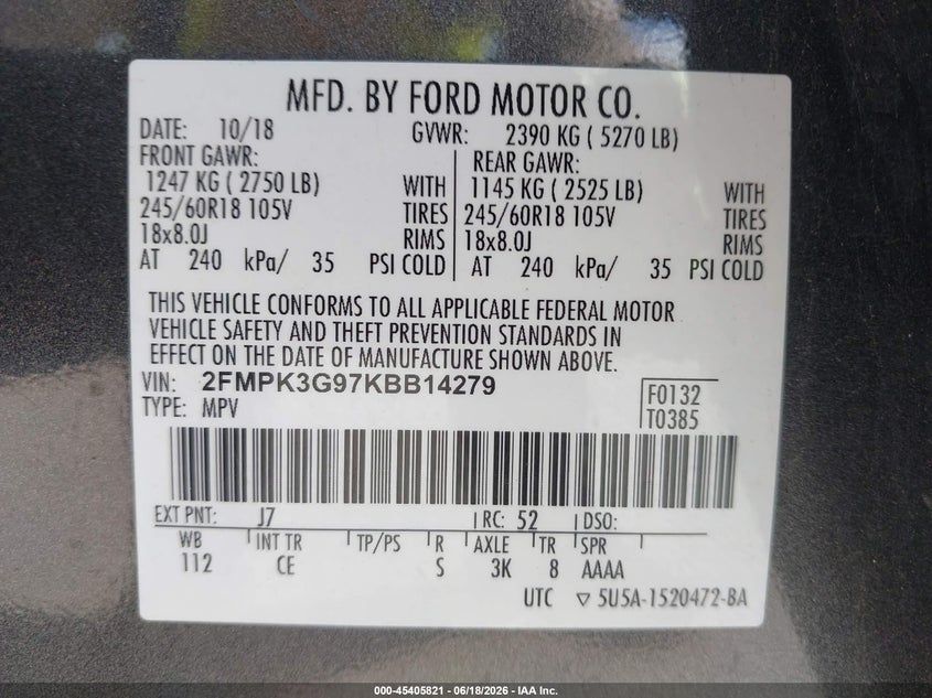 2019 FORD EDGE SPORT UTILITY VEHICLE 2.0L I-4 DI, DOHC, VVT, TURBO, 250HP
