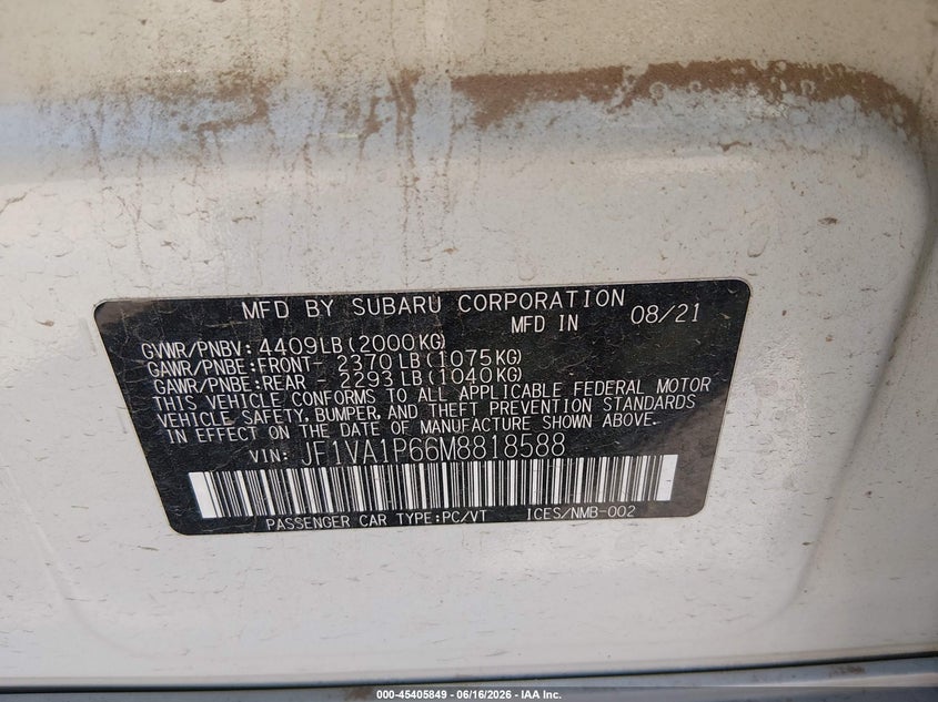 SUBARU WRX 2021 VIN JF1VA1P66M8818588