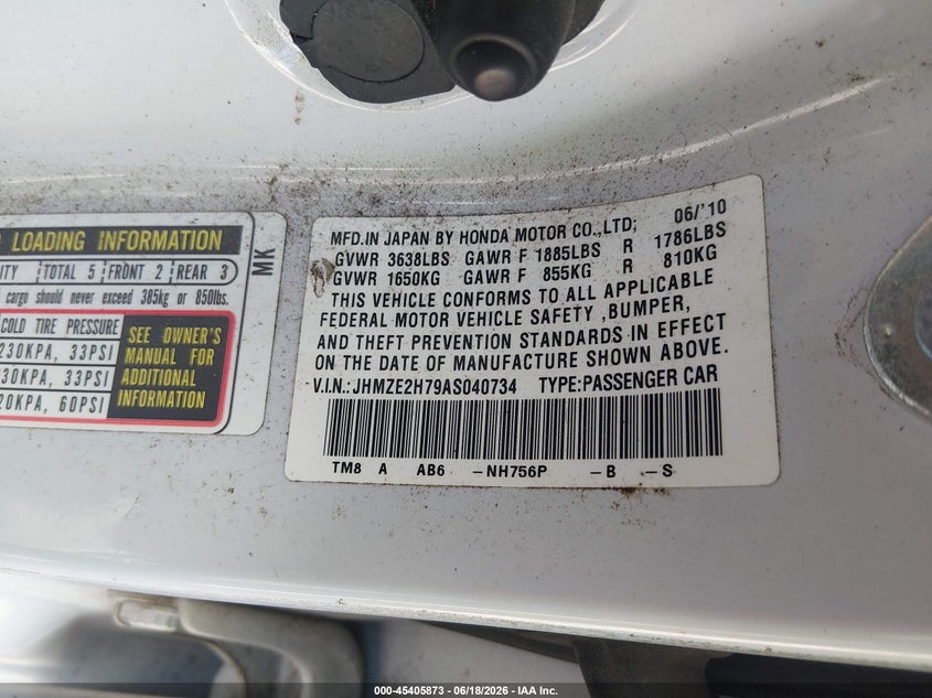 2010 Honda Insight Ex VIN: JHMZE2H79AS040734 Lot: 45405873