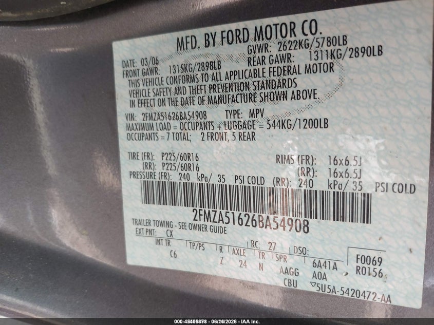 2006 Ford Freestar Se VIN: 2FMZA51626BA54908 Lot: 45405878