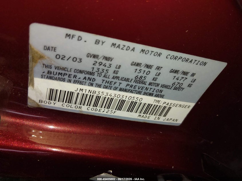 2003 Mazda Mx-5 Miata Cloth/Ls/Se/Shinsen VIN: JM1NB353430310550 Lot: 45405882