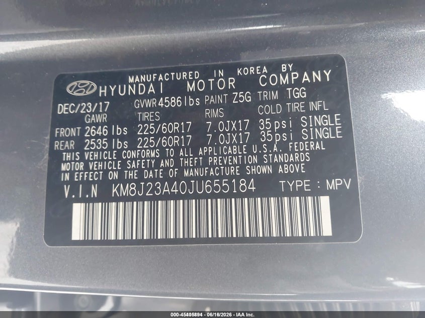2018 Hyundai Tucson Se VIN: KM8J23A40JU655184 Lot: 45405894