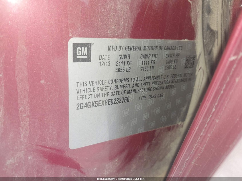 2014 Buick Regal Turbo VIN: 2G4GK5EX8E9233760 Lot: 45405923