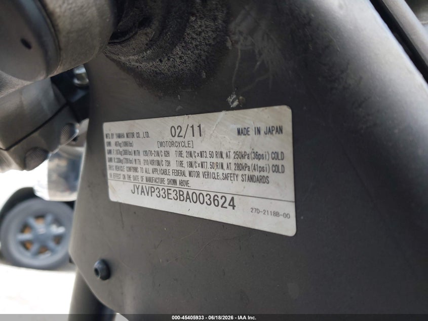 2011 Yamaha Xvs1300 Cu VIN: JYAVP33E3BA003624 Lot: 45405933