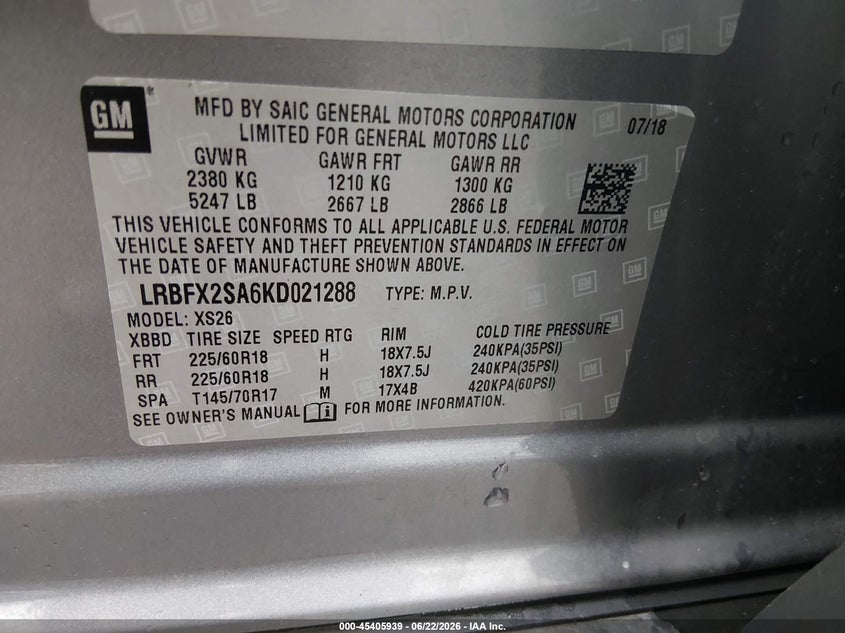 VIN: LRBFX2SA6KD021288 2019 BUICK ENVISION AWD ESSENCE