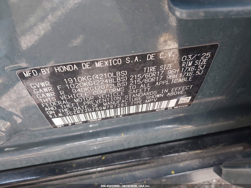 HONDA HR-V 2025 VIN 3CZRZ2H78SM787283