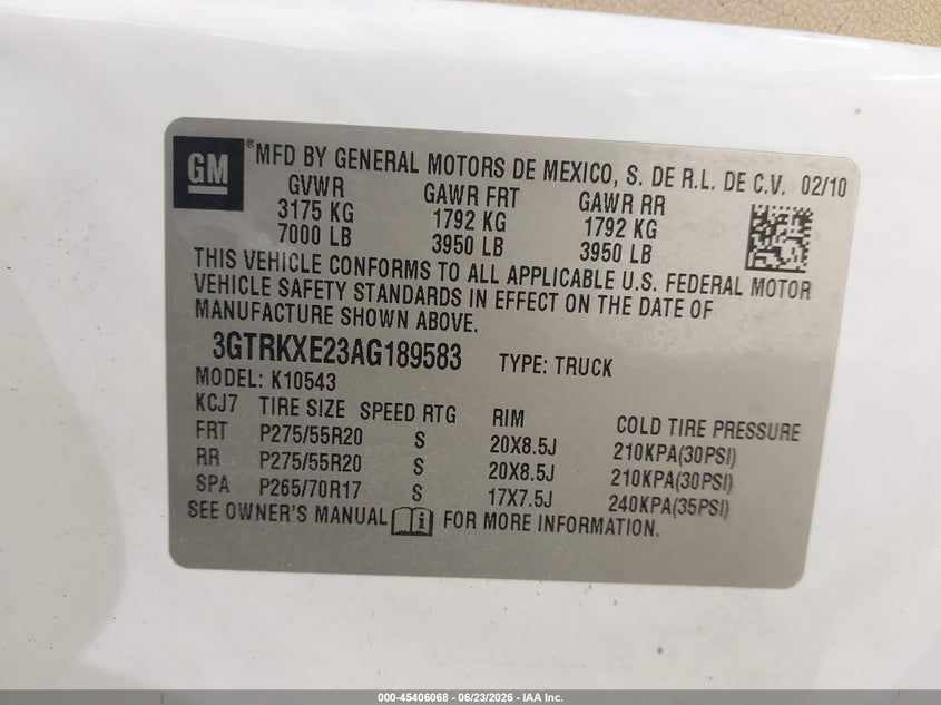 2010 GMC Sierra 1500 Denali VIN: 3GTRKXE23AG189583 Lot: 45406068