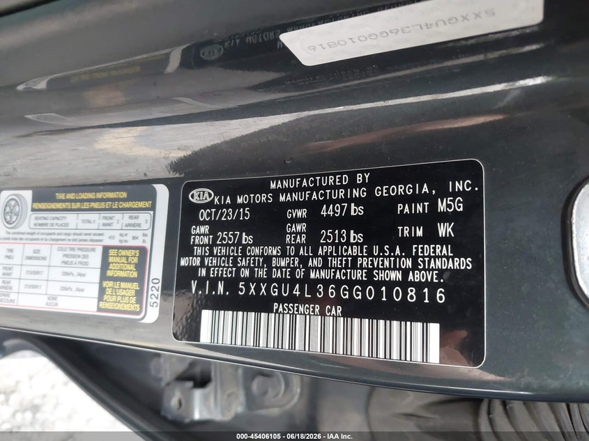 2016 Kia Optima Ex VIN: 5XXGU4L36GG010816 Lot: 45406105