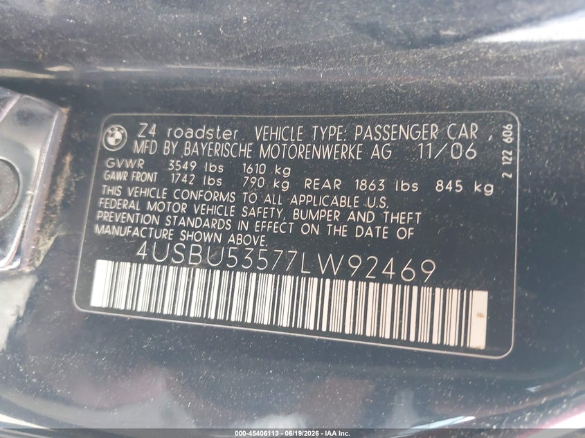 2007 BMW Z4 3.0Si VIN: 4USBU53577LW92469 Lot: 45406113