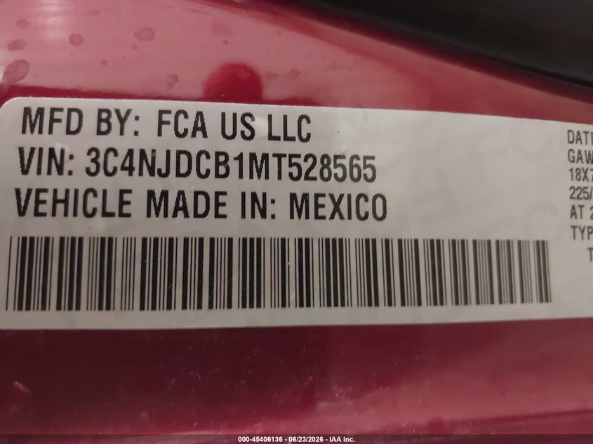 2021 Jeep Compass Limited 4X4 VIN: 3C4NJDCB1MT528565 Lot: 45406136