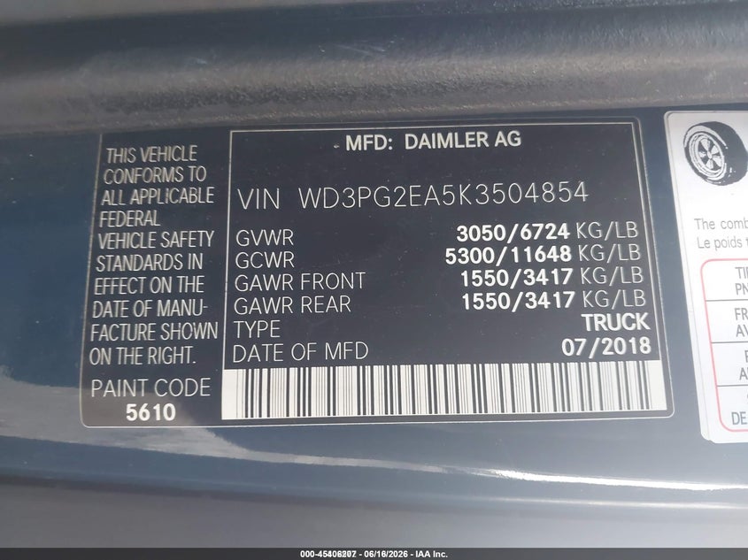 2019 Mercedes-Benz Metris VIN: WD3PG2EA5K3504854 Lot: 45406207