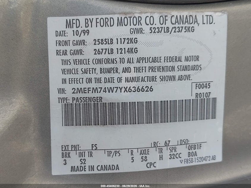 2000 Mercury Grand Marquis Gs VIN: 2MEFM74W7YX636626 Lot: 45406230
