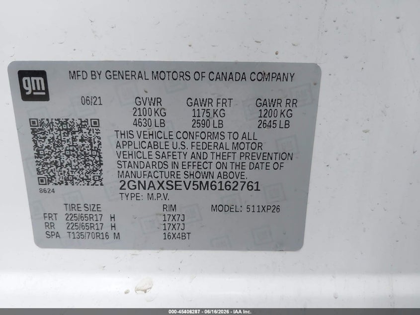 2021 Chevrolet Equinox Awd Ls VIN: 2GNAXSEV5M6162761 Lot: 45406287