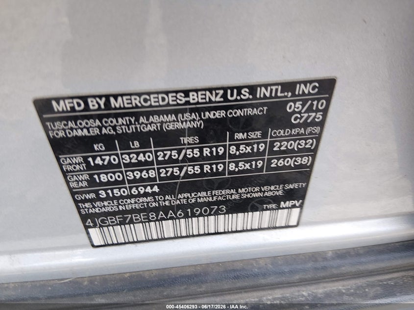 2010 Mercedes-Benz Gl 450 4Matic VIN: 4JGBF7BE8AA619073 Lot: 45406293