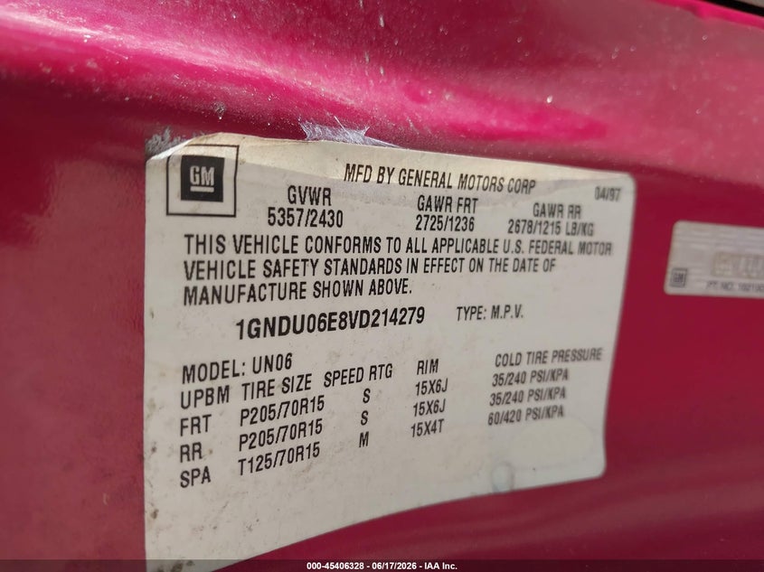 1997 Chevrolet Venture VIN: 1GNDU06E8VD214279 Lot: 45406328