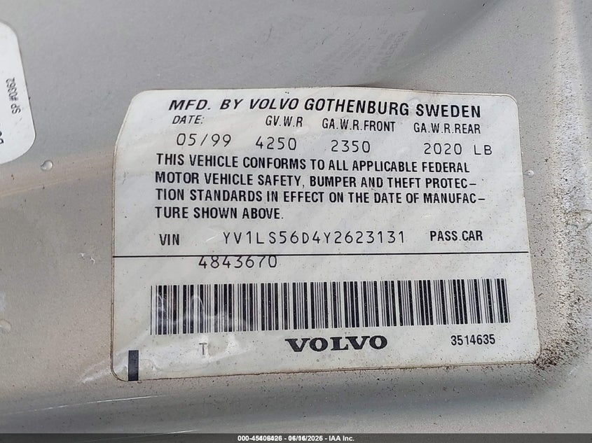 2000 Volvo S70 Glt/Glt Se VIN: YV1LS56D4Y2623131 Lot: 45406426
