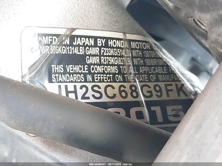 2015 Honda Gl1800 VIN: JH2SC68G9FK300581 Lot: 45406427